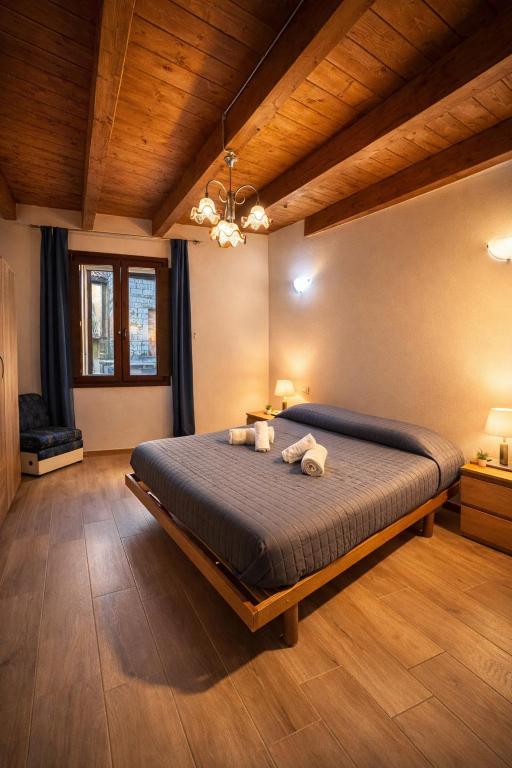 a bedroom with a large bed in a room with wooden ceilings at Ginepro Home Holidays in Villanova Monteleone