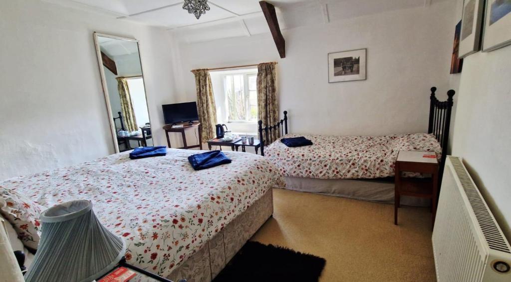 a bedroom with two beds and a table and a mirror at The Northmore Arms in Throwleigh
