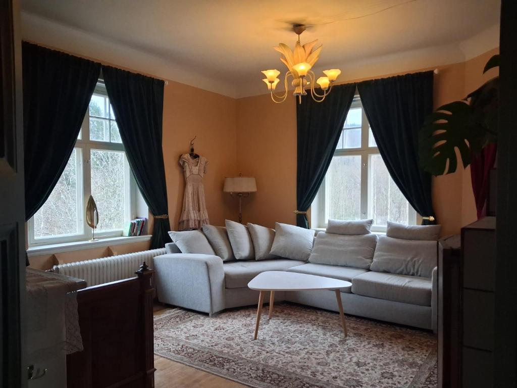 a living room with a couch and a dress in the window at Singel room in big house in Molkom