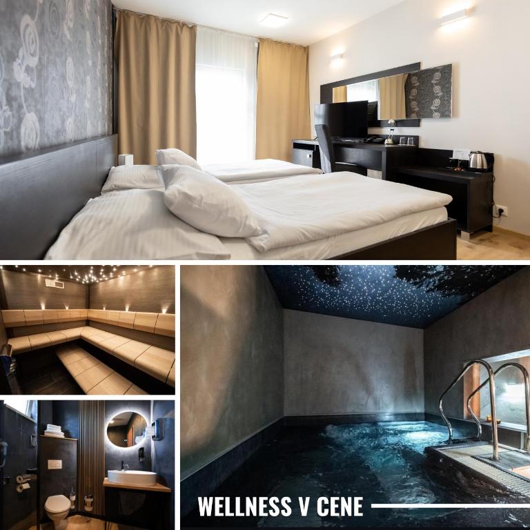 ein Hotelzimmer mit Bett, Schreibtisch und Waschbecken in der Unterkunft Hotel Dastan in Levice