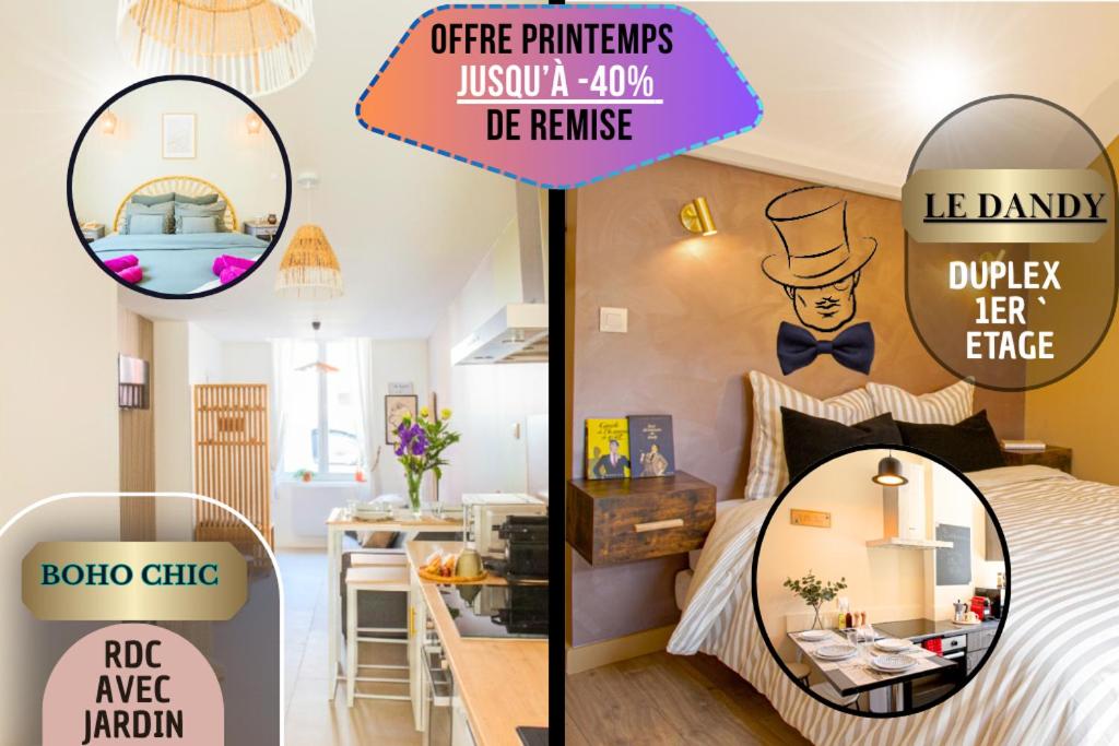 two pictures of a room with a bed and a kitchen at Idéal PRO & Couple - 2 Logements Thème Boho Chic RDC & Dandy 1er étage - Quartier Calme - Jardin - WIFI HD - Smart TV - Parking Gratuit - Proche Centre & Transports - Ask Home in Valenciennes