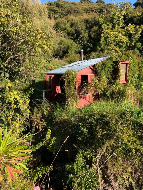 a red cabin in the middle of a hill at Riverside Cabin in Akaroa in Akaroa
