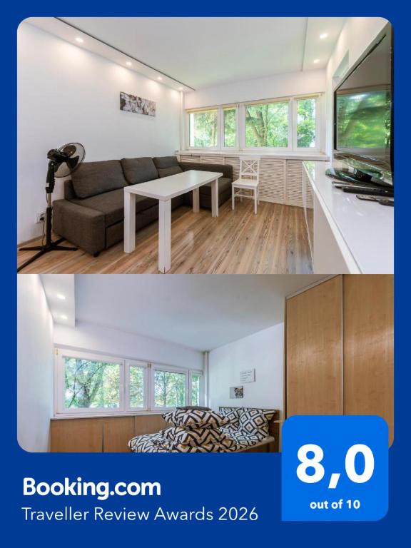 two pictures of a living room and a dining room at Cosy&Bright TeofilowDistrict in Łódź