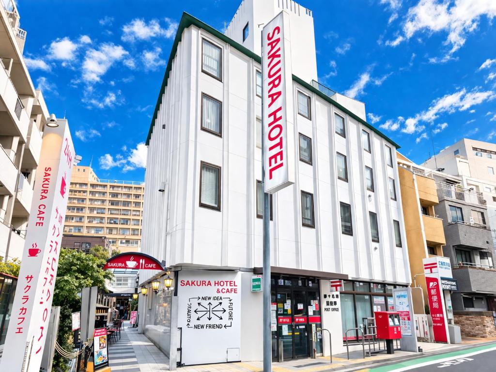 a white building with a red sign on a street at Sakura Hotel Hatagaya in Tokyo
