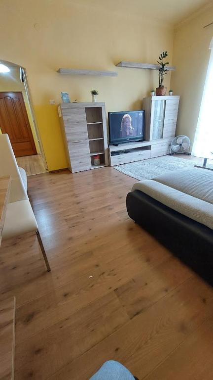 a room with a bed and a tv on a wooden floor at Piac Kuckó Apartman in Debrecen