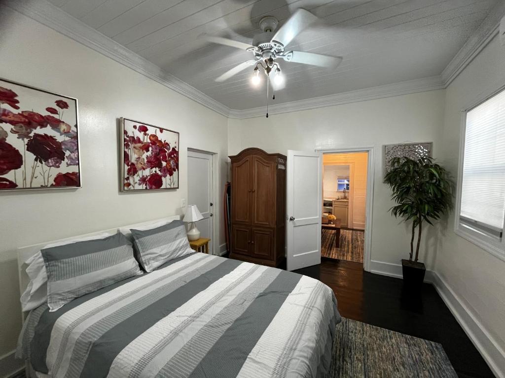 a bedroom with a bed and a ceiling fan at Downtown Nassau Oasis Unit 2 in Nassau