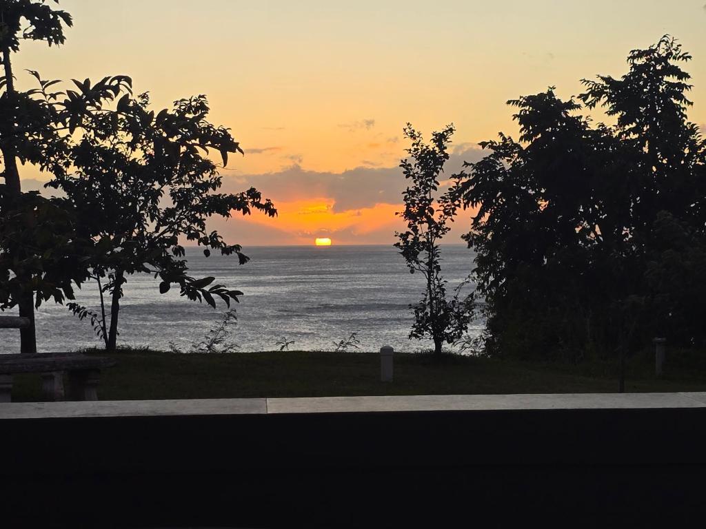 a sunset over the ocean with trees in the foreground at Sunset Haven in Wallhouse
