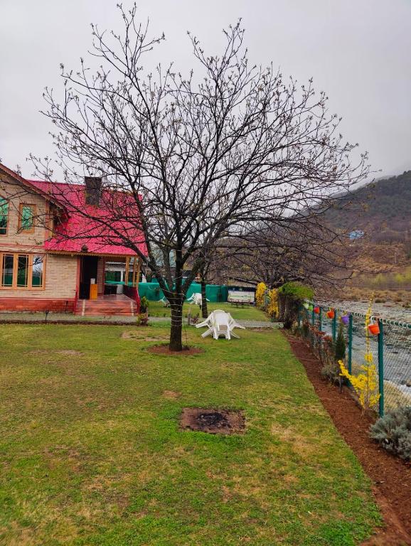 a tree in a yard next to a house at Birdsong pahalgam in Pahalgām