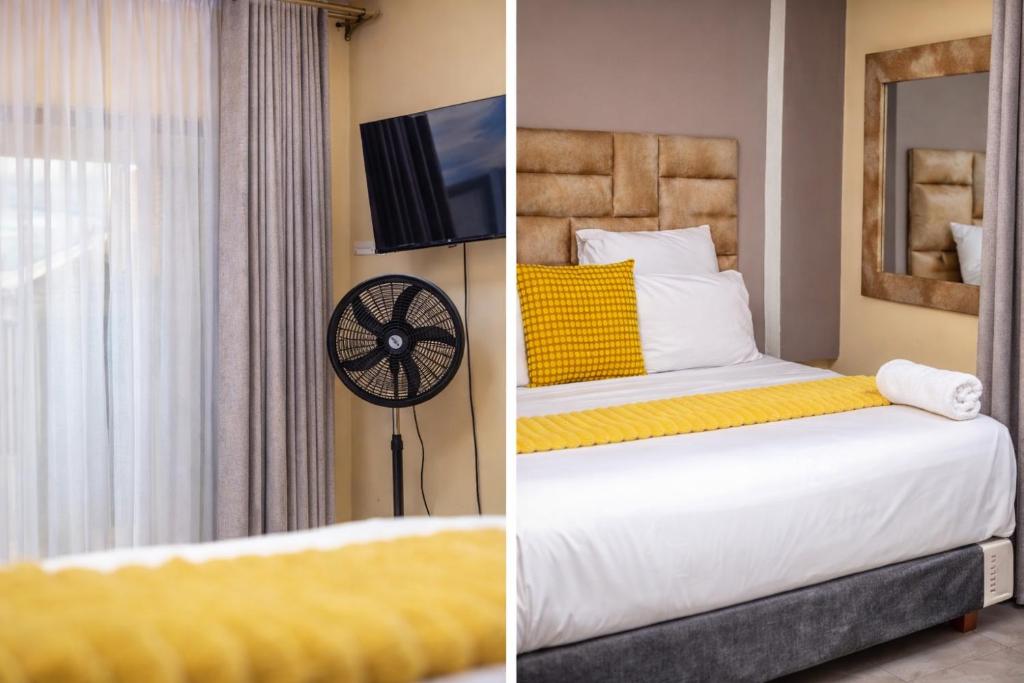 two pictures of a bedroom with a bed and a tv at Pamusha Motel in Ngesi