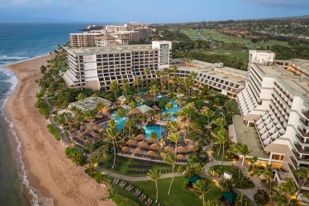 an aerial view of the hotel and the beach at Marriott's Maui Ocean Club - Molokai, Maui & Lanai Towers in Lahaina