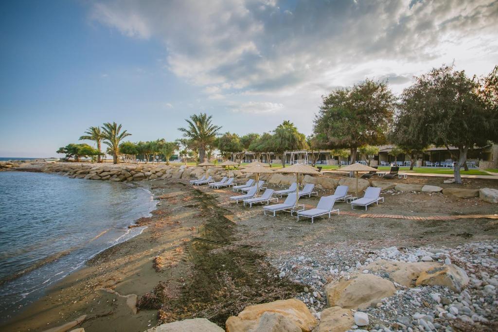 a row of chairs and umbrellas on a beach at Elya Beach Luxury Suites in Ayios Theodhoros