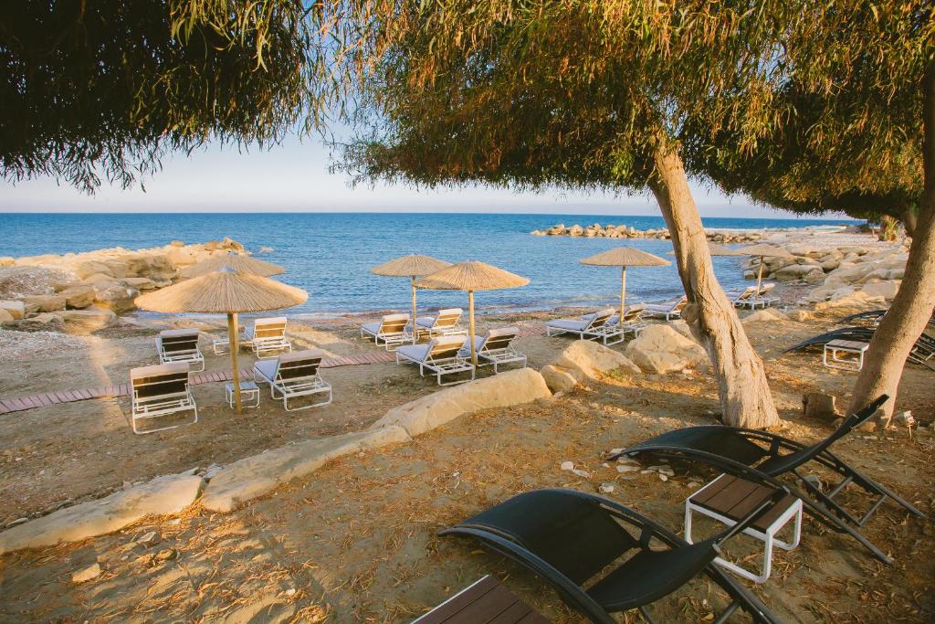 a group of chairs and umbrellas on a beach at Elya Beach Luxury Suites in Ayios Theodhoros