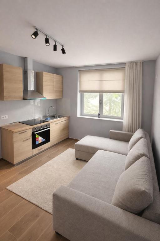 a living room with a couch and a kitchen at The Green Loft in Fushë-Arrëz