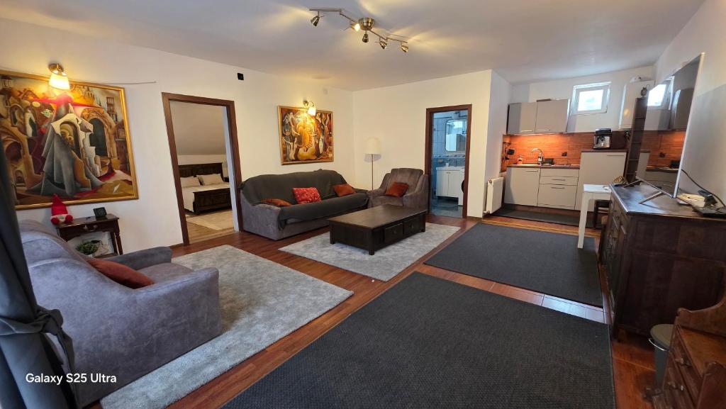 a living room with a couch and a kitchen at Kytila Apartments in Chitila
