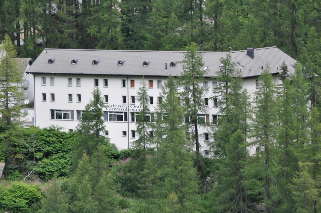 a large white building in the middle of trees at Casa di vacanza Giovanibosco in Bosco Gurin
