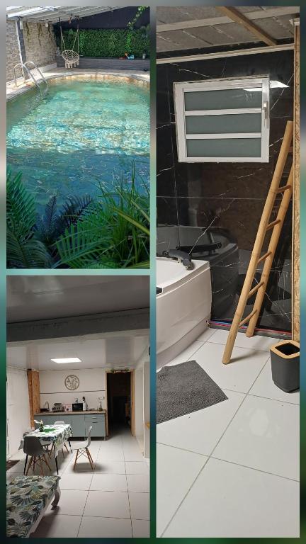 a collage of three pictures of a swimming pool at Ti case ali in Saint-Benoît