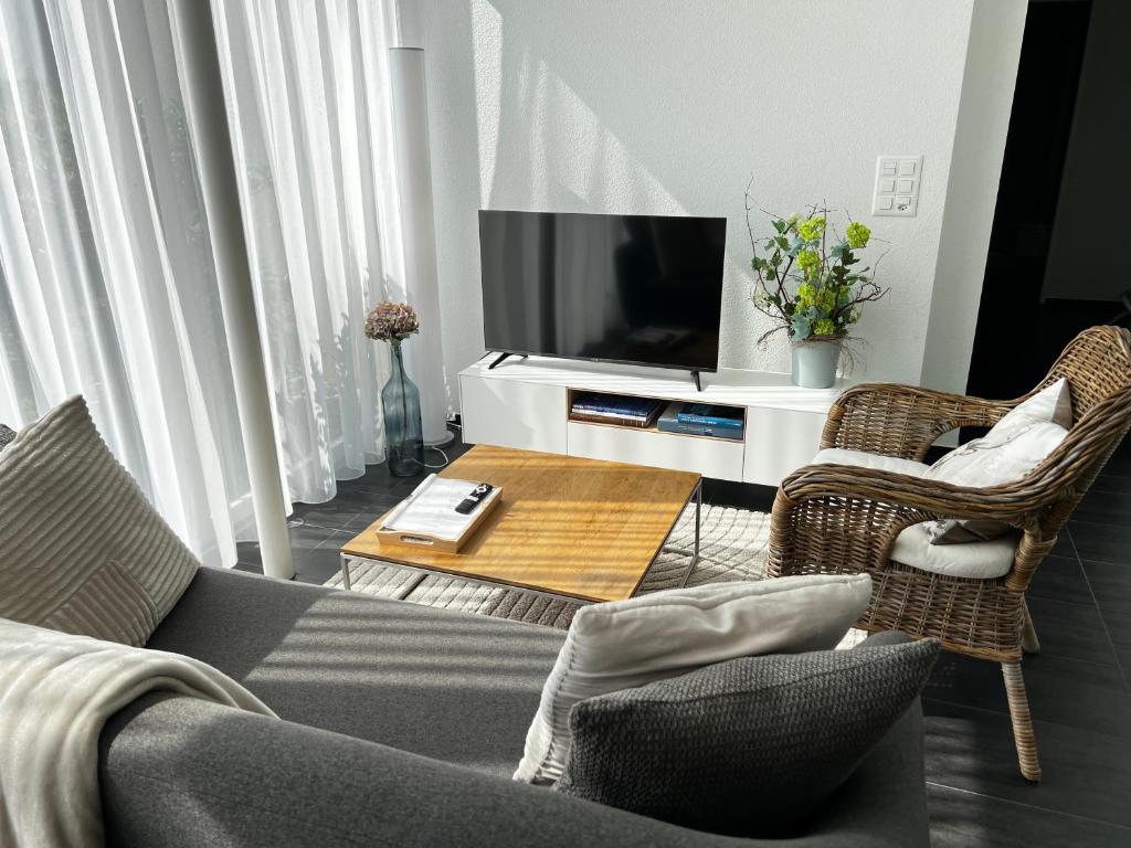 a living room with a couch and a tv at Modern apartment Pilatus view self check-in in Stans