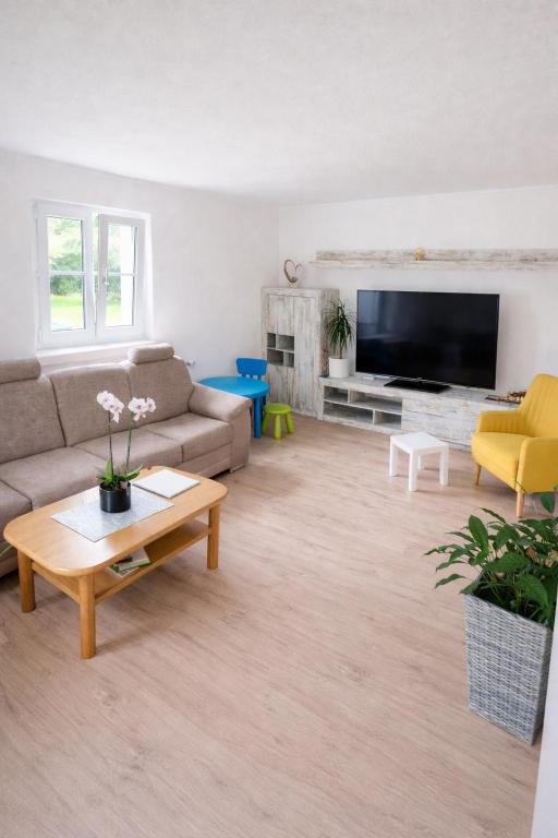 a living room with a couch and a tv at Gemütliches Haus für Familien bis zu 7 Personen mit Parkplatz und ruhiger Lage in Selzthal