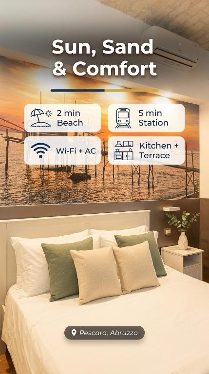a bedroom with a bed with a sign that reads sun and sand and comfort at Heart of Pescara Elegant Suites - Chic Suites in Pescara Center & 2 steps from Sea - AC & Wifi in Pescara