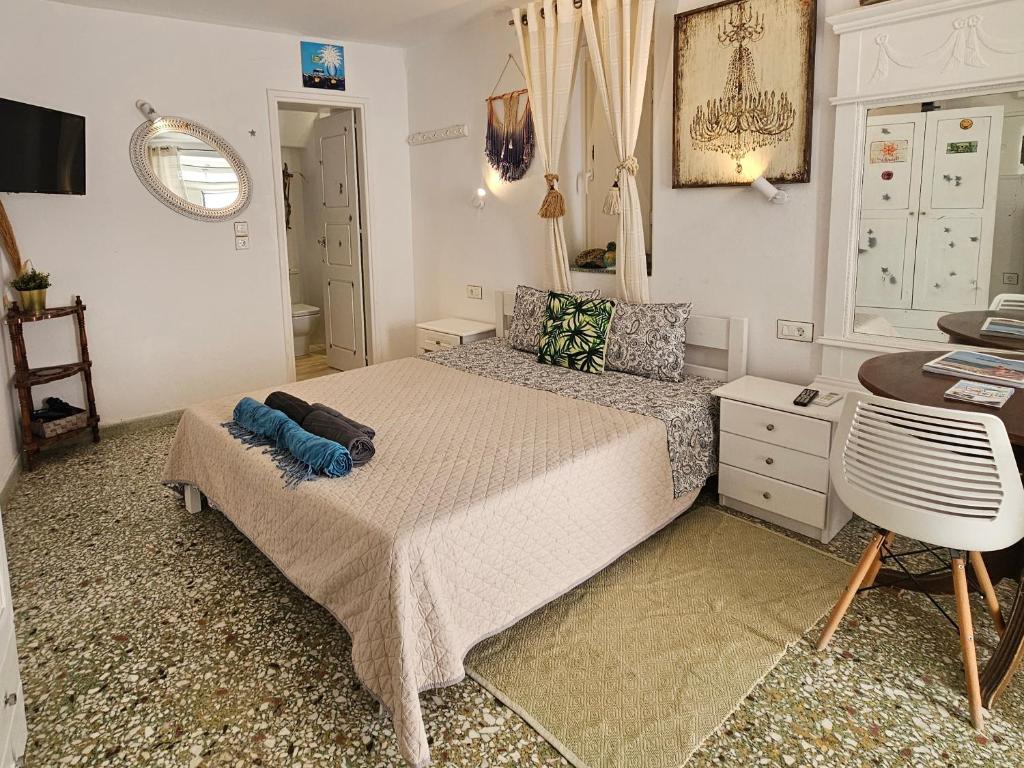 a bedroom with a bed and a desk and a desk at Terra Nova in Mikonos
