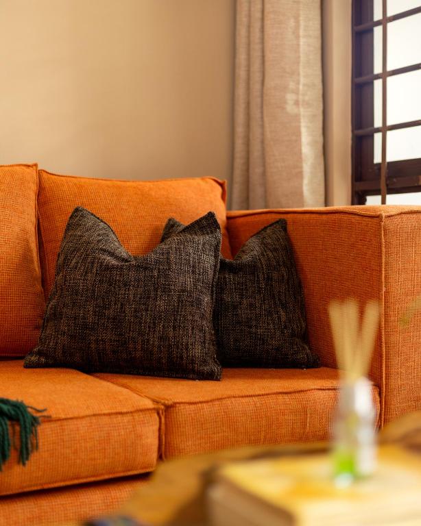two pillows on an orange couch in a living room at Sakina Nook in Arusha