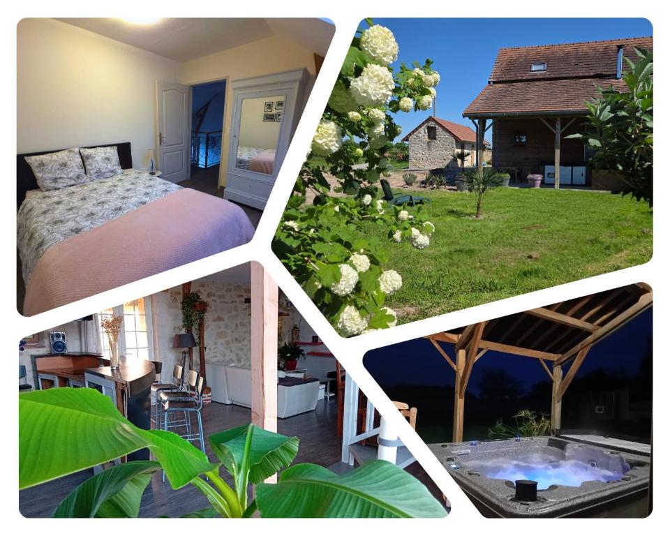 a collage of four pictures of a bedroom and a house at Le Bel Air en Berry in Reigny