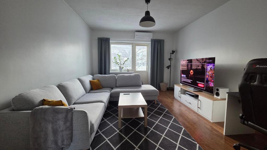 a living room with a couch and a tv at Kaksio Kimpisessä in Lappeenranta