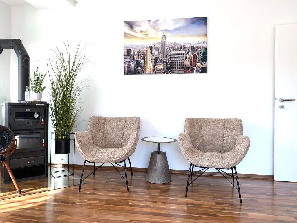 two chairs and a table in a living room at FeWo Wagner in Fuggerstraße in Dillingen an der Donau