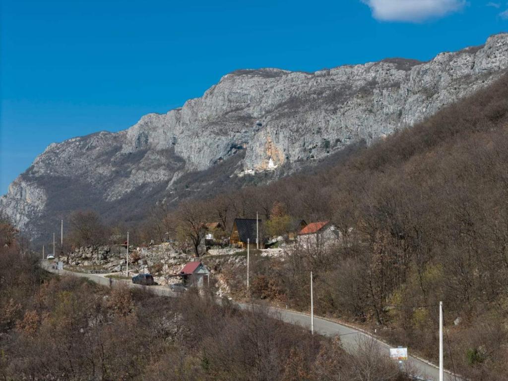 a mountain with a road in front of a village at Apartmani Perosevic in Danilovgrad