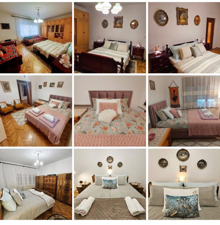 a collage of four pictures of a hotel room at Zorica House Vrbas in Vrbas