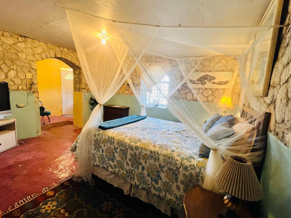 a bedroom with a bed with a mosquito net at The Crown Private Queen in Mount Terza