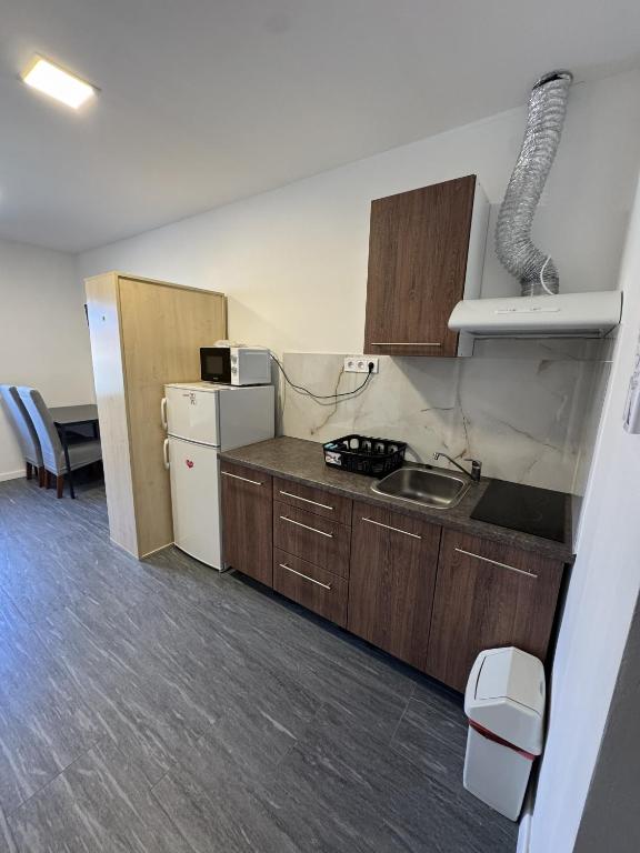 a small kitchen with a sink and a refrigerator at Beregi Apartman II in Mezőcsát