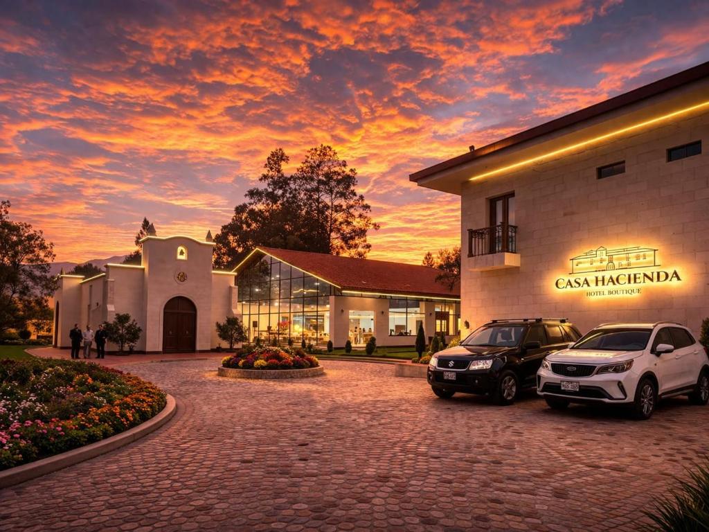 two cars parked in a parking lot in front of a building at Casa Hacienda Hotel Boutique in Cajamarca