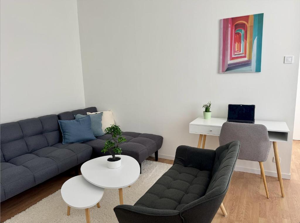 a living room with a couch and a table at Appartement Voltaire in Romilly-sur-Seine