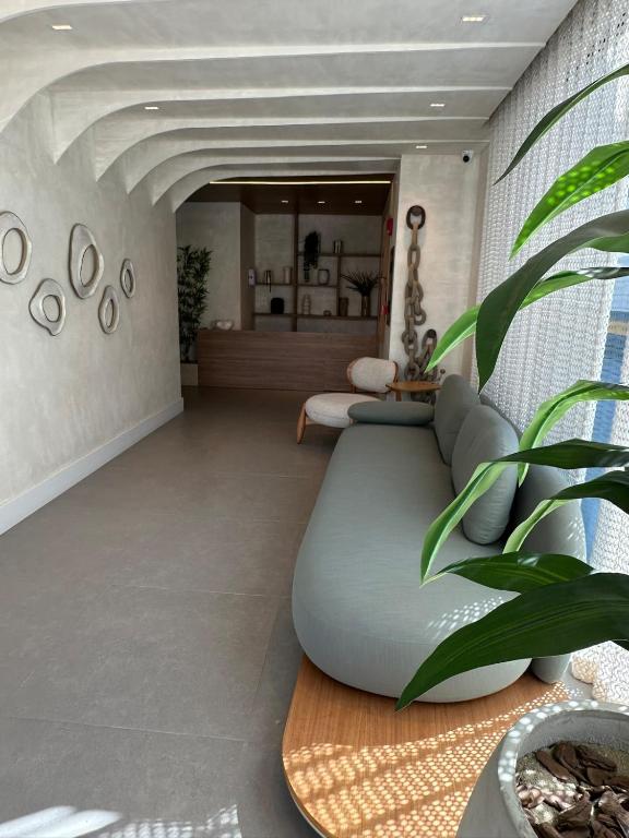 a living room with a couch and a plant at Piratininga a Beira Mar - Niterói in Niterói