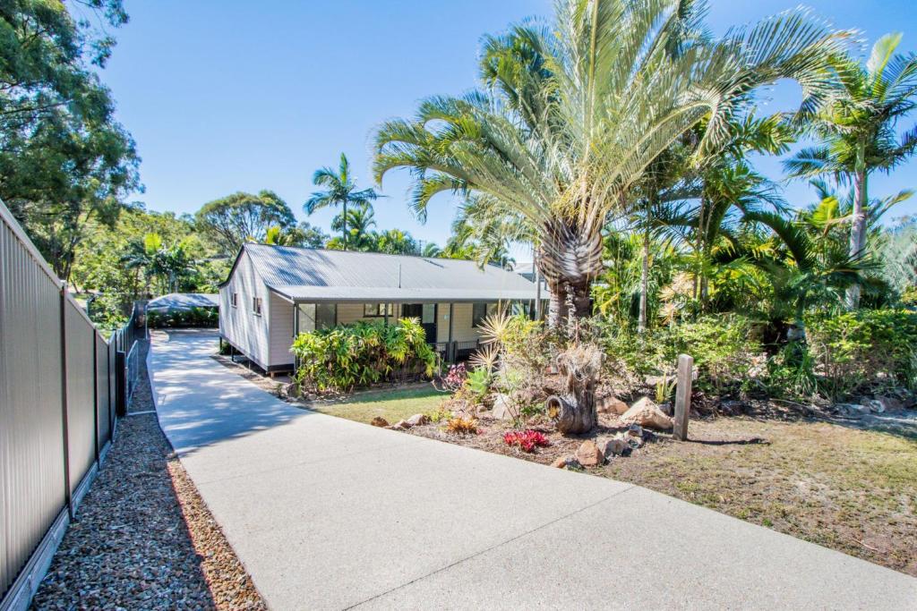 a house with palm trees and a sidewalk at Canny Breeze in Agnes Water