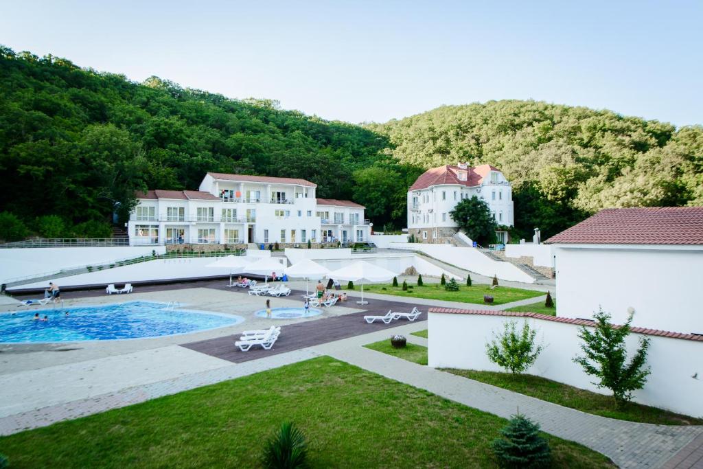 an aerial view of a resort with a pool and buildings at Usadba Krugloye Ozero in Abrau-Dyurso