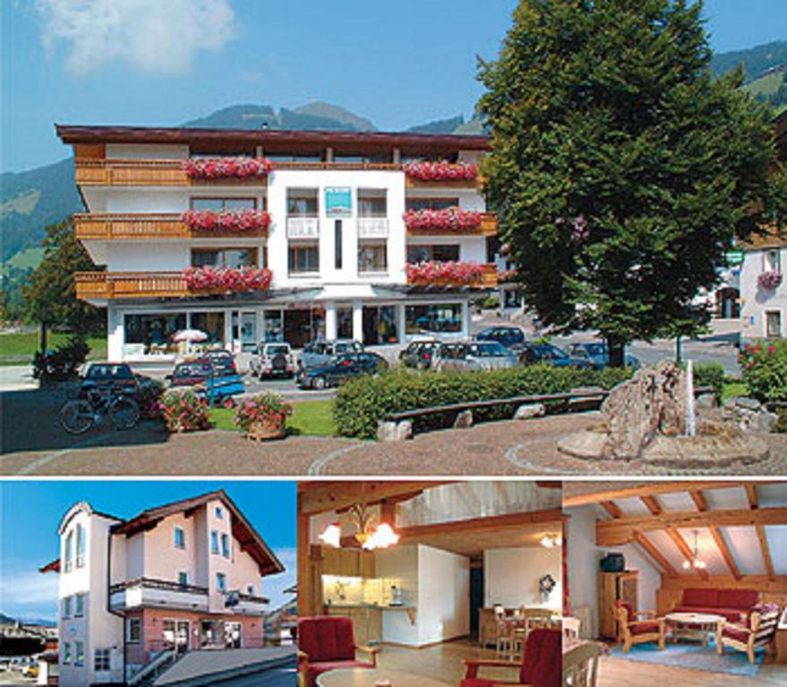 dwa zdjęcia budynku z parkingiem w obiekcie Apartmenthaus Brixen & Haus Central w mieście Brixen im Thale