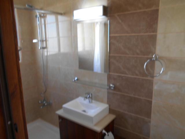 a bathroom with a sink and a shower with a mirror at Ayia Napa Apartment in Ayia Napa