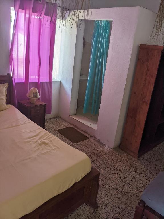 a bedroom with a bed and a mirror with pink and blue curtains at Sam in Mahajanga