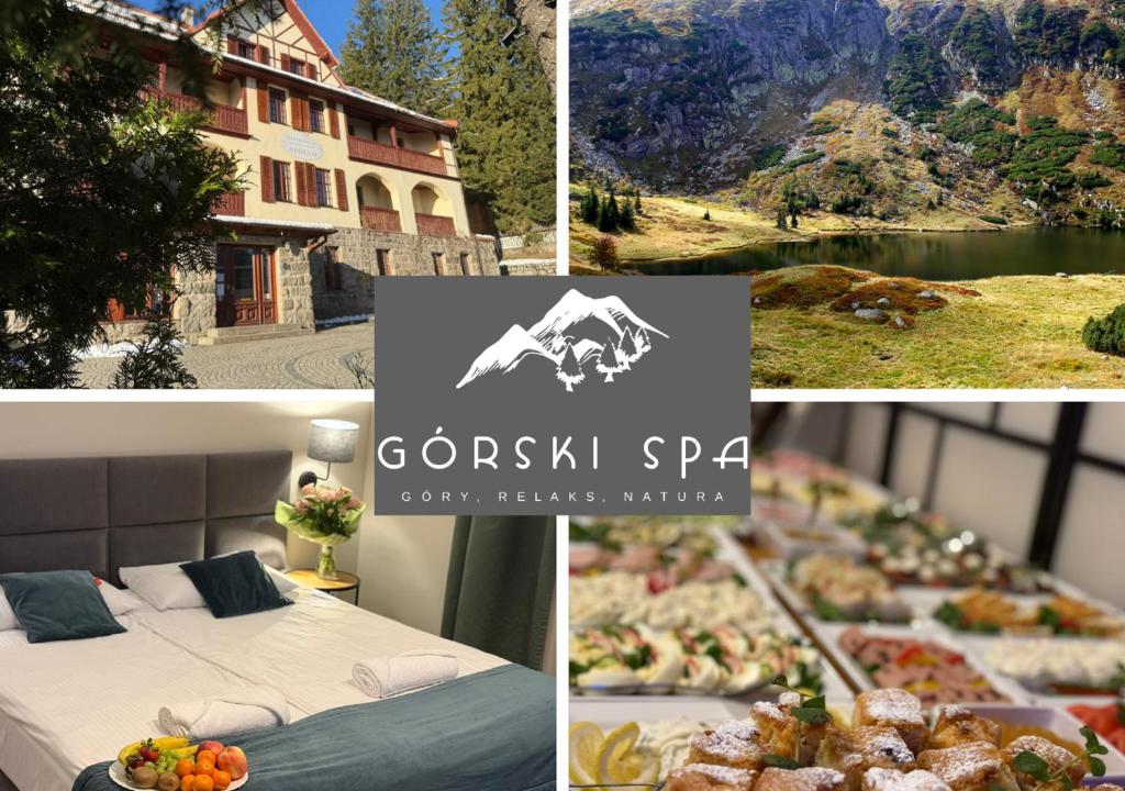 a collage of pictures of a hotel with a bed and food at GórSKI SPA Karpacz w pobliżu wyciągów in Karpacz