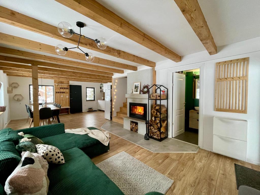 a living room with a green couch and a fireplace at Cranberry Cabin Buscat in Muntele Băişorii