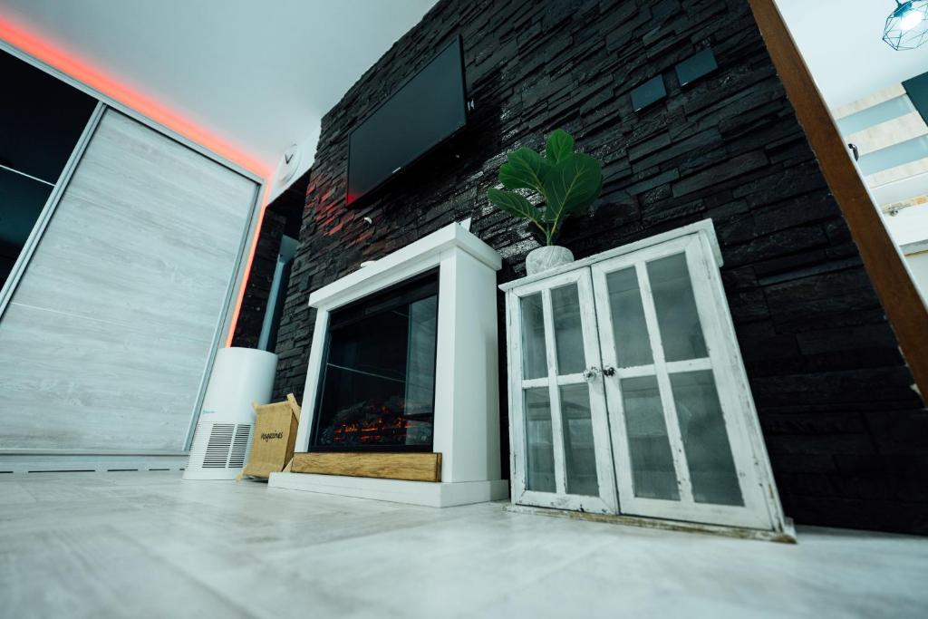 a building with a door with a plant on it at Studio in Ploieşti