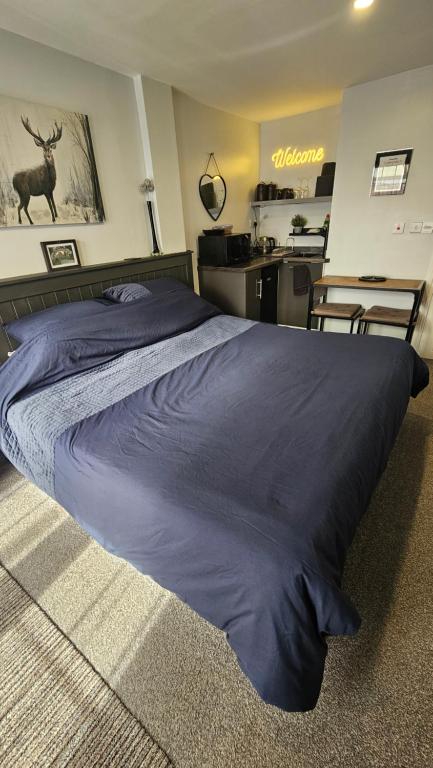 a bedroom with a bed with a blue blanket on it at Hadrians wall studio in Carlisle