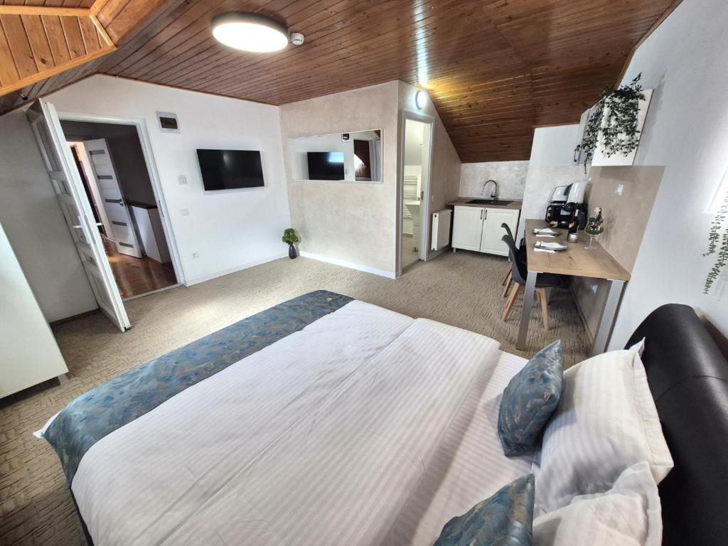 a large bedroom with a large bed and a desk at Central Stay Suites Targu Mures in Târgu-Mureş