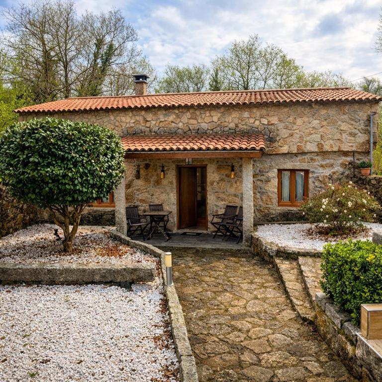 a stone house with a patio and a tree at A Banda do Río in Vilagarcia de Arousa