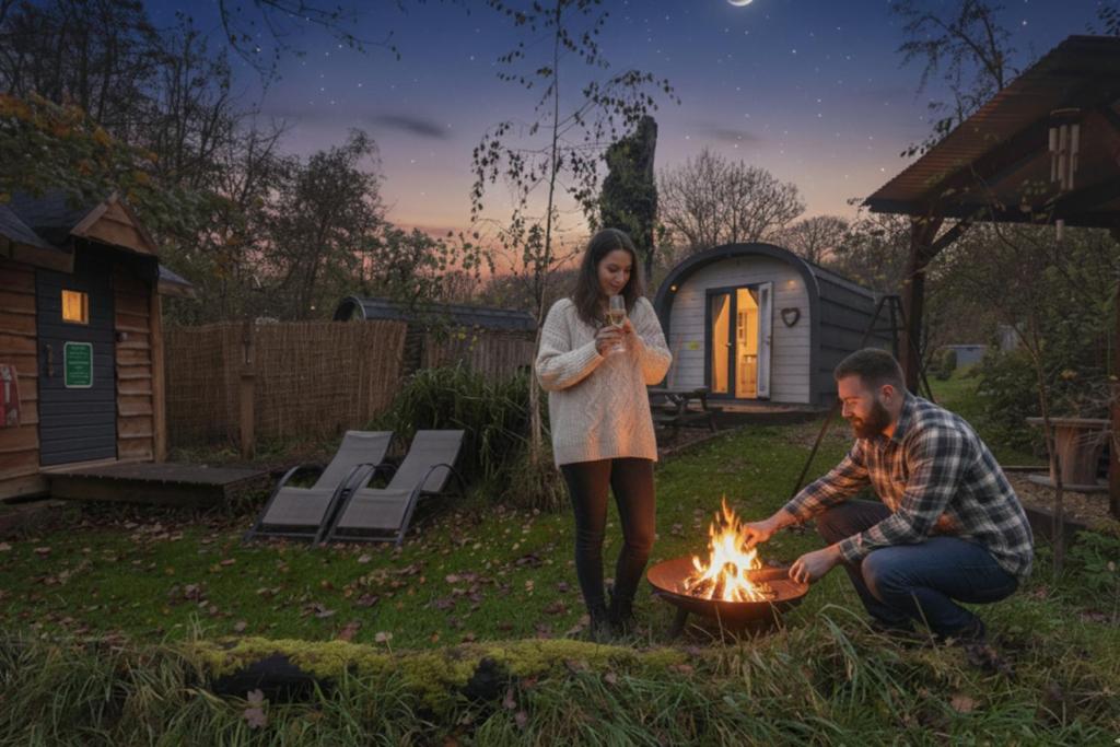a man and a woman standing next to a fire at Emlyn's Coppice - Luxury Woodland Glamping in Holywell