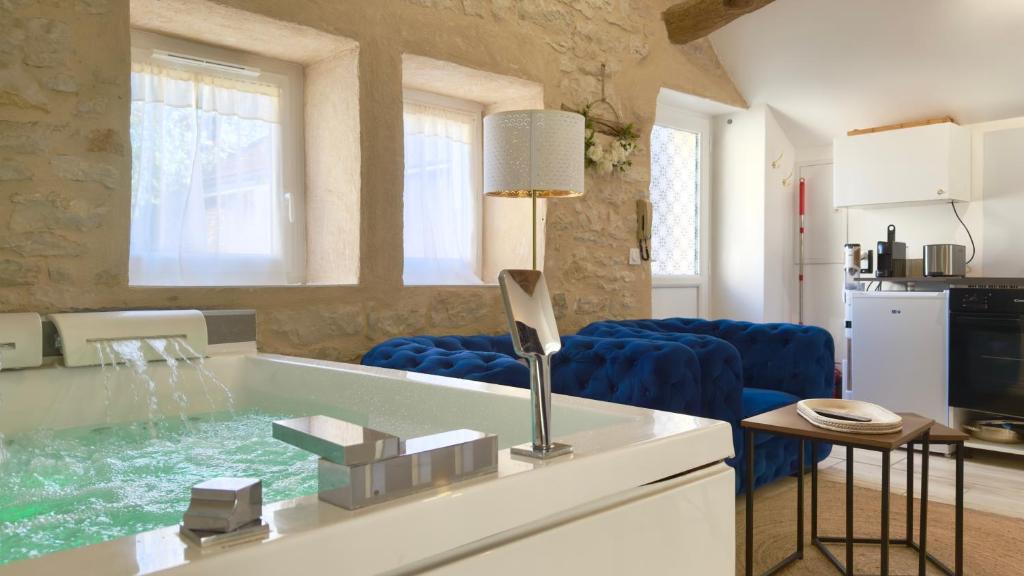 a kitchen and living room with a tub in a room at Le Talantueux in Talant