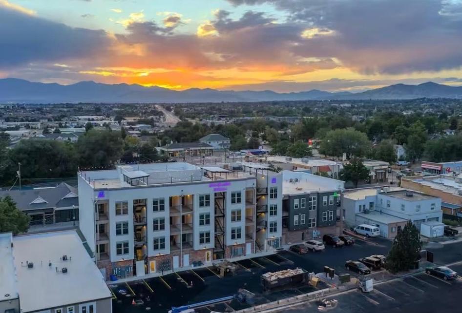 an aerial view of a city at sunset at Historic Main Street Hotel in Pleasant Grove