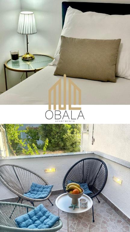 a bedroom with a bed and a table and a chair at Apartment OBALA Luxury - central location in Biograd na Moru